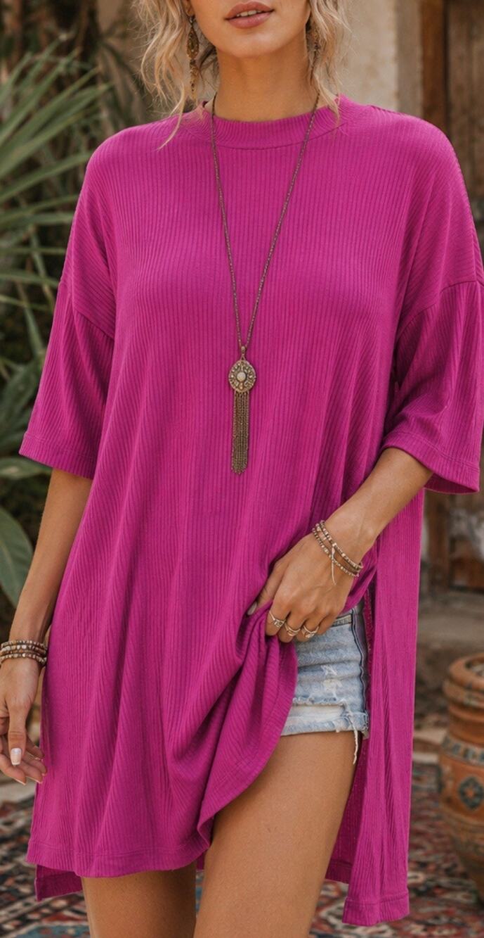Dressed In Lala Ribbed Oversized Tunic Shirt Hot Pink Side Slits Womens S Top